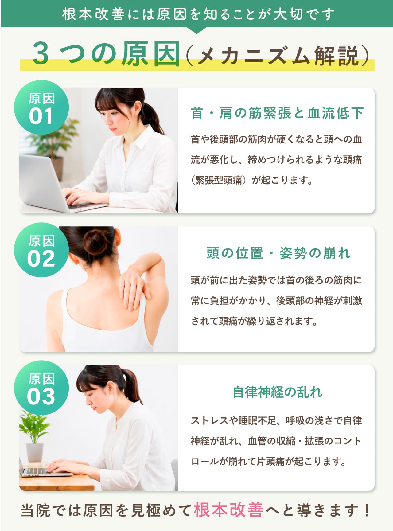 頭痛（緊張型頭痛・片頭痛）の3つの原因｜根本改善には原因を知ることが大切｜新潟市中央区 つばさ整骨院・整体院
