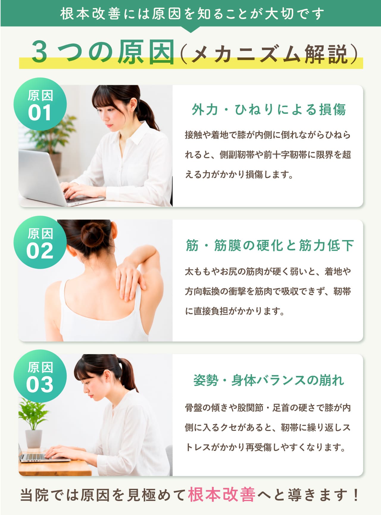 膝の靭帯損傷の3つの原因|根本改善には原因を知ることが大切|新潟市中央区 つばさ整骨院・整体院