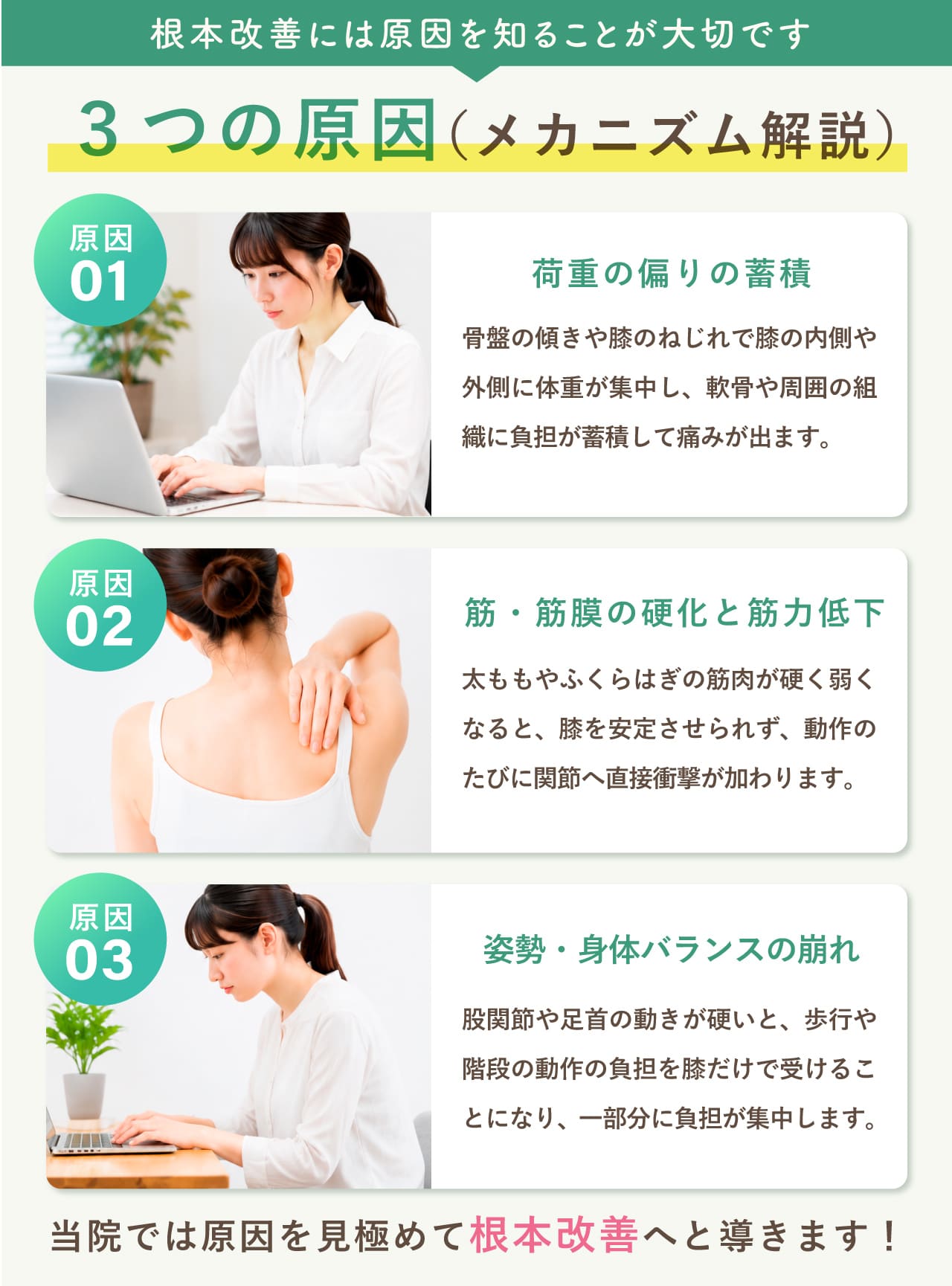 膝の痛みの3つの原因|根本改善には原因を知ることが大切|新潟市中央区 つばさ整骨院・整体院