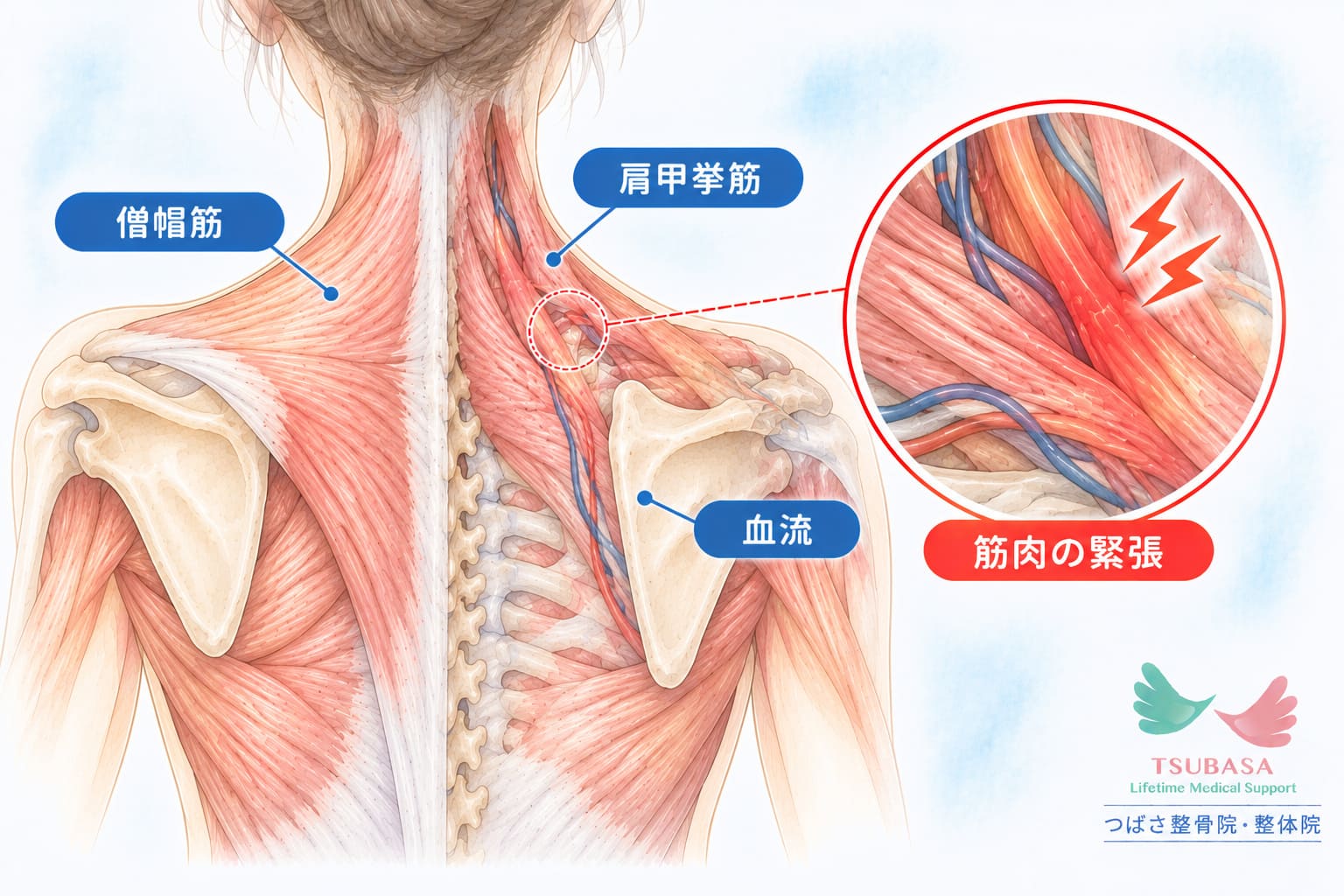 肩こりの原因と症状の説明イラスト｜新潟市中央区 つばさ整骨院・整体院