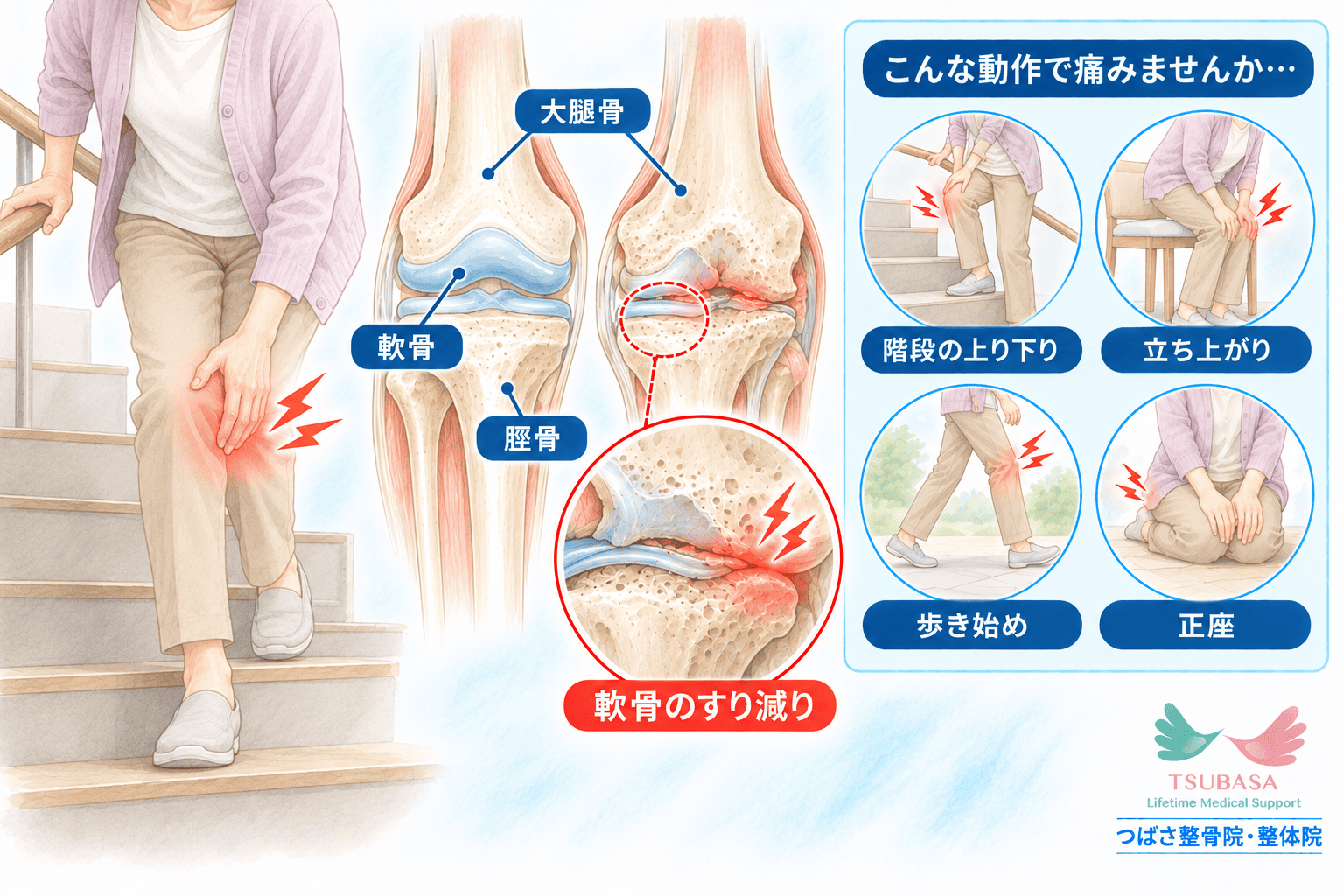 変形性膝関節症の原因と症状の説明イラスト｜新潟市中央区 つばさ整骨院・整体院