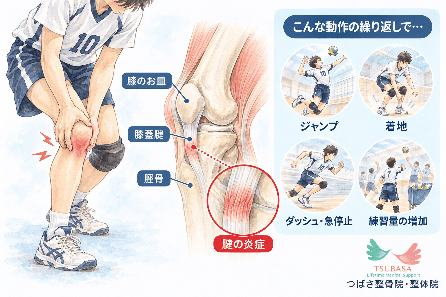 ジャンパー膝（膝蓋腱炎）の原因と症状の説明イラスト｜新潟市中央区 つばさ整骨院・整体院