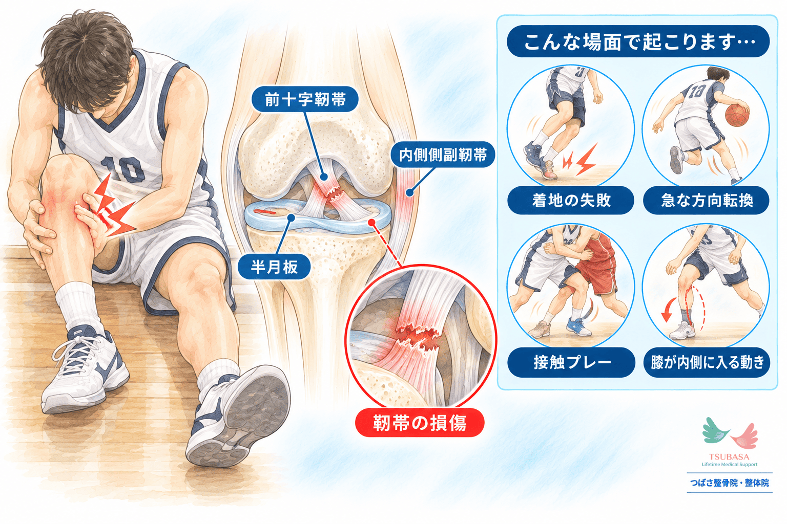 膝の靭帯損傷の原因と症状の説明イラスト|新潟市中央区 つばさ整骨院・整体院