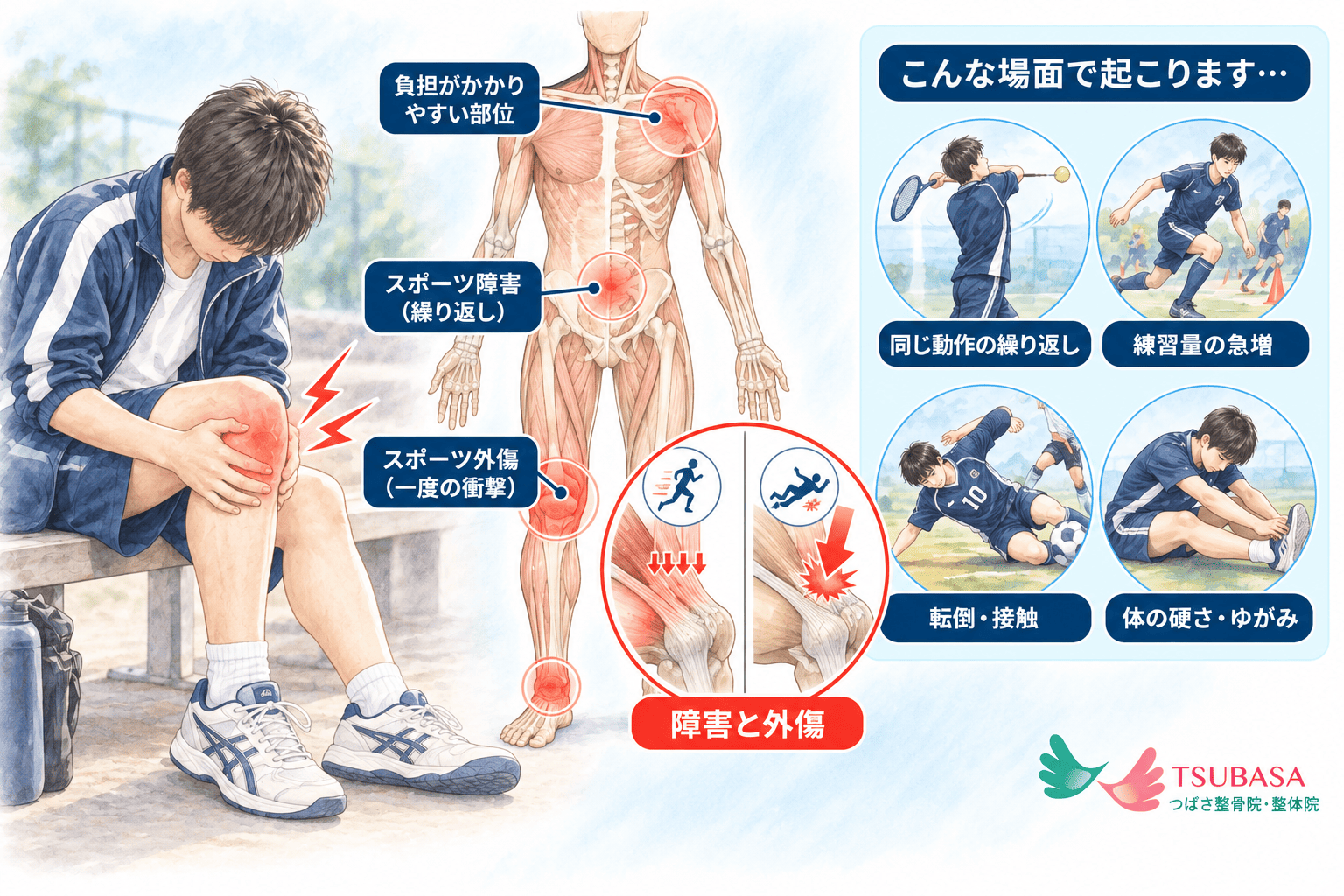 スポーツ障害・スポーツ外傷の原因と症状の説明イラスト|新潟市中央区 つばさ整骨院・整体院